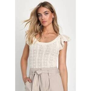 Lulus Endearing Aesthetic Beige Ruffled Tie-back Sweater Top - Size S